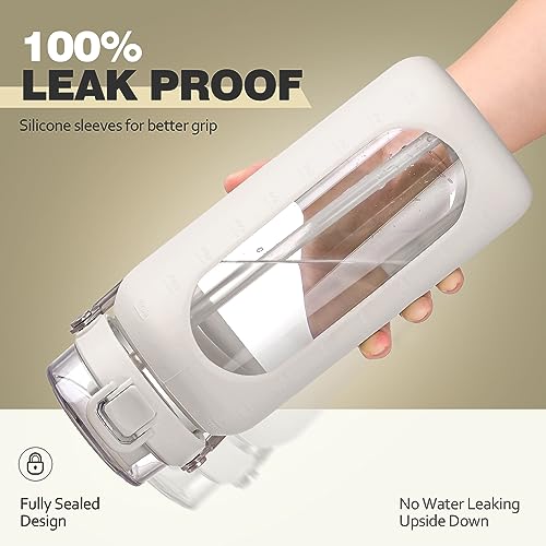 64oz Water Bottle Glass with Stainless Steel Handle Large Water Bottle with Time Markers and Silicone Sleeve Half Gallon Water Jug BPA Free for Gym Daily Use