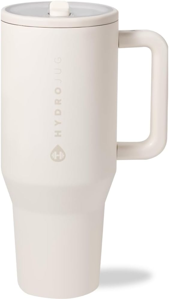 HydroJug Traveler - 40 oz Water Bottle with Handle & Flip Straw - Fits in Cup Holder, Leak Resistant Tumbler-Reusable Insulated Stainless Steel & Rubber Base - Gifts for Women & Men, Cream