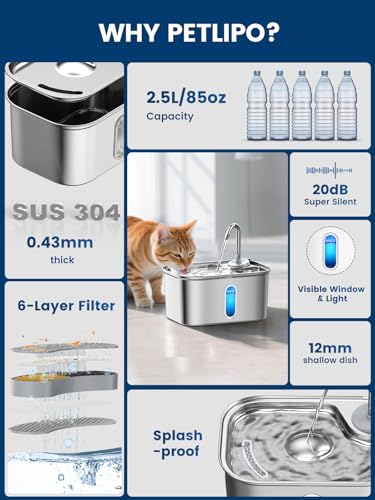 Cat Water Fountain Stainless Steel for Cats Indoor 2.5L 85oz by BPA