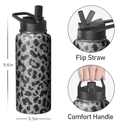 32oz Leopard Water Bottle with Handle and Flip Straw