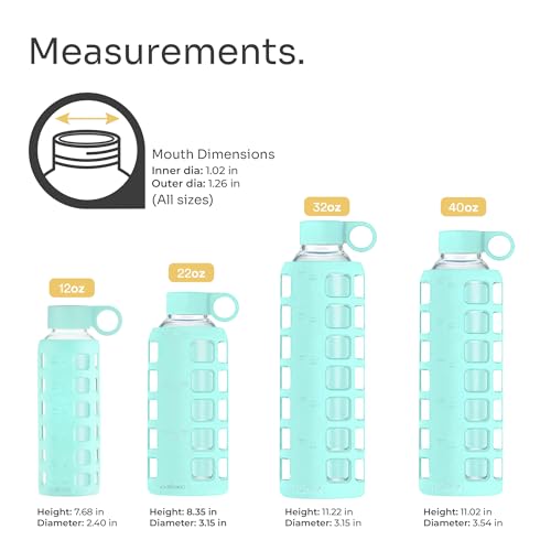 40oz / 32oz / 22oz / 12oz Borosilicate Glass Water Bottle with Time & Volume Markers, Silicone Sleeve, Stainless Steel Lid | Reusable Glass Bottle for Water & Juice (32oz Glow-in-the-Dark)