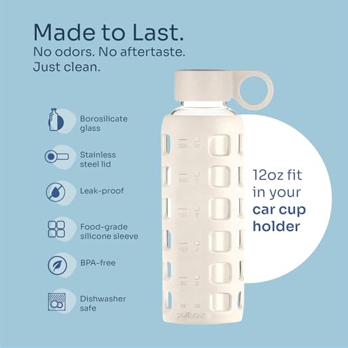 40oz / 32oz / 22oz / 12oz Borosilicate Glass Water Bottle with Time & Volume Markers, Silicone Sleeve, Stainless Steel Lid | Reusable Glass Bottle for Water & Juice (12oz Pearled Ivory)