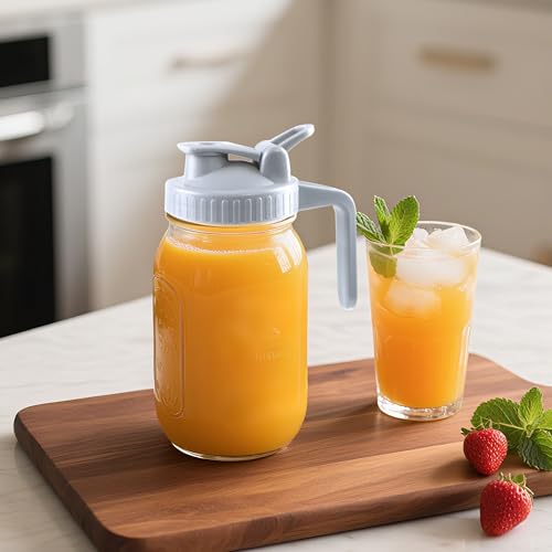 Mason Jar Pitcher With Pour Lid 32 Oz Glass Breast milk Storage Jug 1 Quart Wide Mouth Glass Tea Pitcher With Handle Creamer Container For Fridge Juice (2 Count)