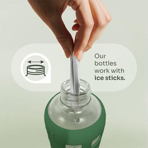 40oz / 32oz / 22oz / 12oz Borosilicate Glass Water Bottle with Time & Volume Markers, Silicone Sleeve, Stainless Steel Lid | Reusable Glass Bottle for Water & Juice (40oz Shale Green)