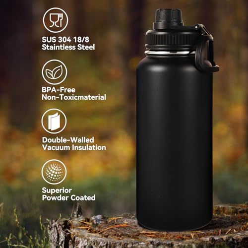 32 oz Insulated Water Bottles Bulk with 2 Lids (8 Count)