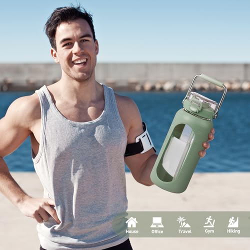 64oz Water Bottle Glass with Stainless Steel Handle Large Water Bottle with Time Markers and Silicone Sleeve Half Gallon Water Jug BPA Free for Gym Daily Use