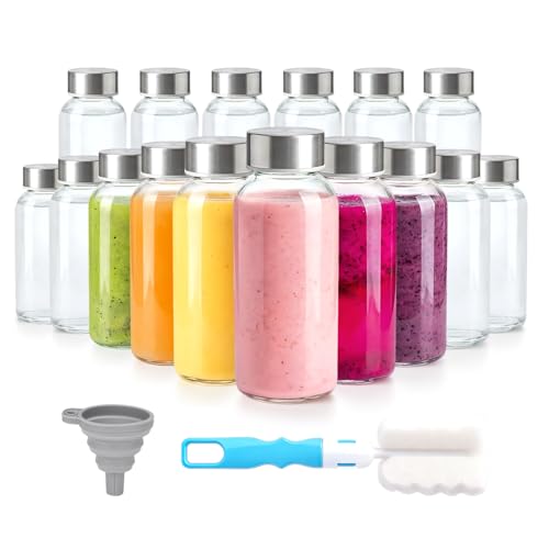 8 oz Small Glass Juice Bottles with Stainless Steel Lids Leak Proof (16 Count)