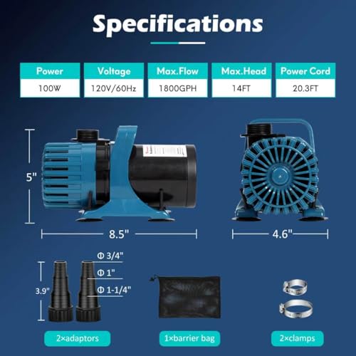 1800 GPH Pond Pump for Fish Pond Fountain & Waterfall