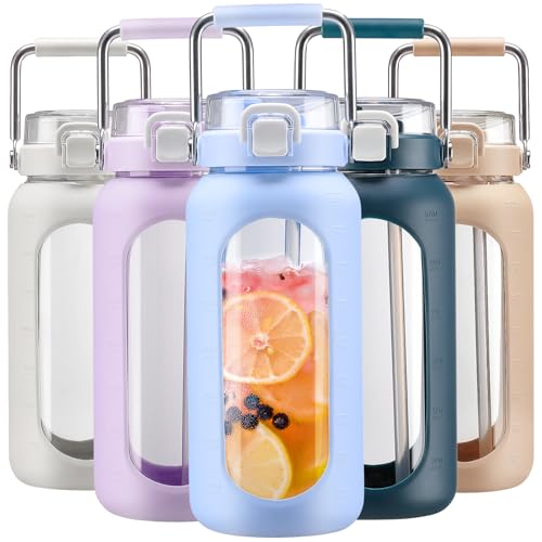 64oz Water Bottle Glass with Stainless Steel Handle Large Water Bottle with Time Markers and Silicone Sleeve Half Gallon Water Jug BPA Free for Gym Daily Use