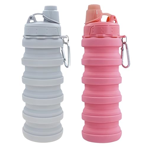 Collapsible Water Bottles Two Pack Travel Sports Portable Sport Bottle with Mountaineering Buckle 502ml Silicone Waterproof Camping Bottle (2 Count)