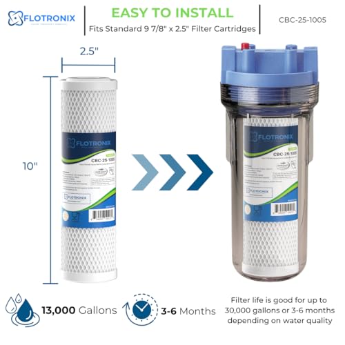 Flotronix 5 Micron 2.5" x 10" Whole House CTO Carbon Sediment Water Filter Cartridge (4 Count)