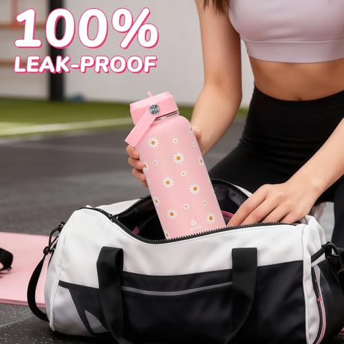 32oz Pink Daisy Insulated Water Bottle for Women with Straw