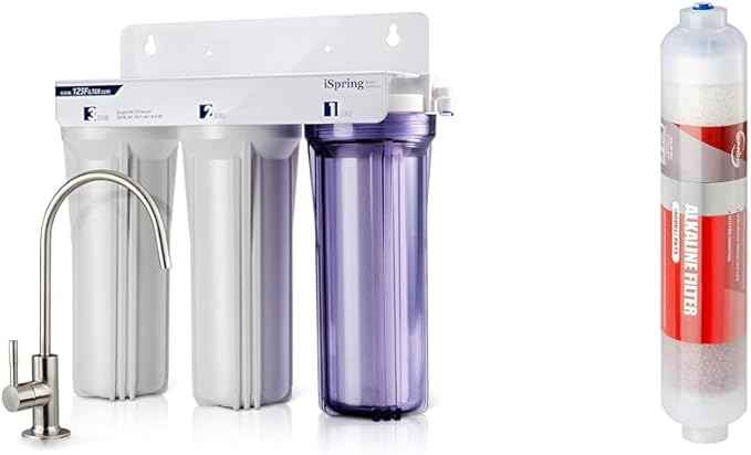 iSpring 3-Stage Classic Under Sink Filtration System with Alkaline Water Filter Cartridge for Reverse Osmosis Systems