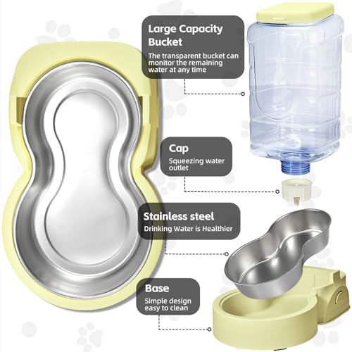 Portable Automatic Cat Feeder and Water Dispenser with Stainless Steel Bowl Dog Gravity Food Feeder and Waterer for Small Medium Pets Puppy Kitten 1 Gallon x 2