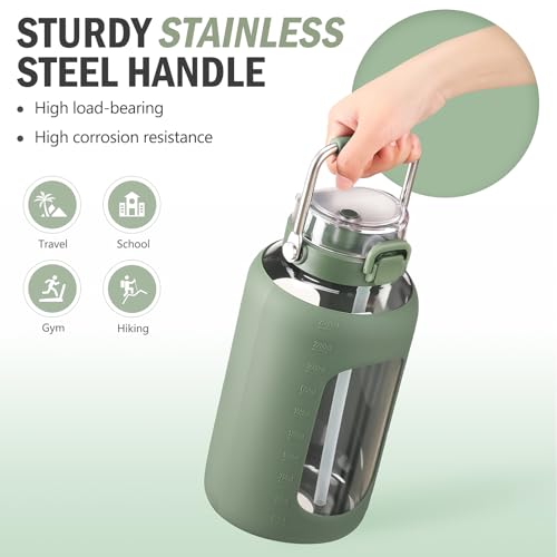 84oz Water Bottle Glass with Stainless Steel Handle Large 2.5l Water Bottle with Time Markers and Silicone Sleeve Half Gallon Water Jug BPA Free for Gym Daily Use