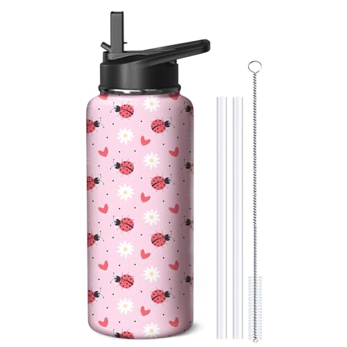 32oz Ladybug Water Bottle with Handle and Flip Straw