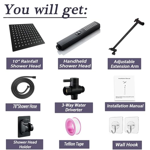 10" High Pressure Square Rainfall Shower Head and 2