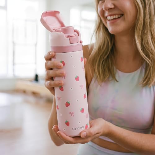 Strawberry Insulated Stainless Steel Water Bottle with Straw for Sports and Travel 24 Ounces for Women Girls Friends Teens Birthday