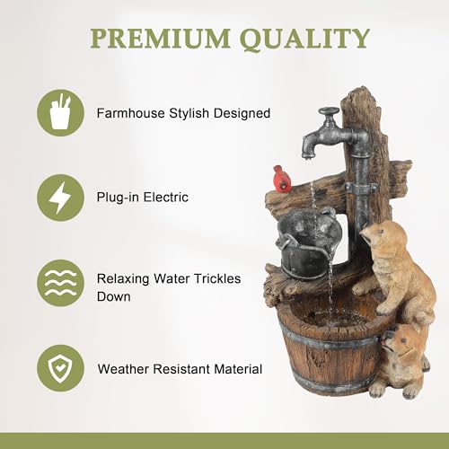 LuxenHome 25" Rustic Barrel Puppy Resin Water Fountain Outdoor with Lights
