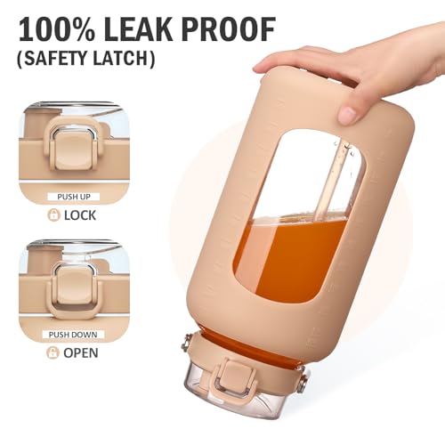 84oz Water Bottle Glass with Stainless Steel Handle Large 2.5l Water Bottle with Time Markers and Silicone Sleeve Half Gallon Water Jug BPA Free for Gym Daily Use