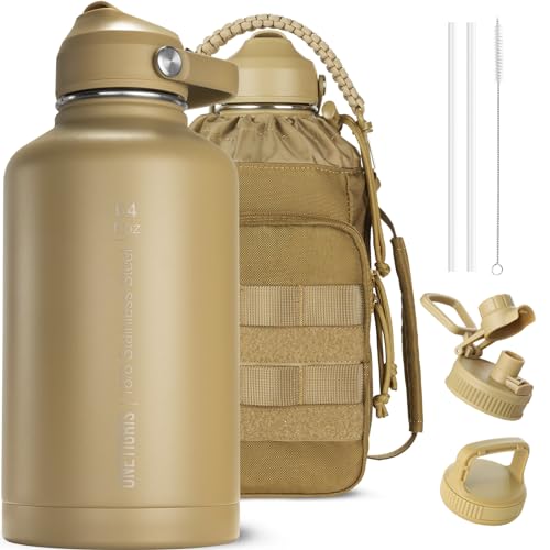 64oz Tactical Insulated Water Bottle with 3 Lids & MOLLE Pouch