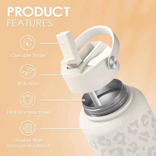 Leopard Water Bottle 32oz Stainless Steel Vacuum Insulated with Lid