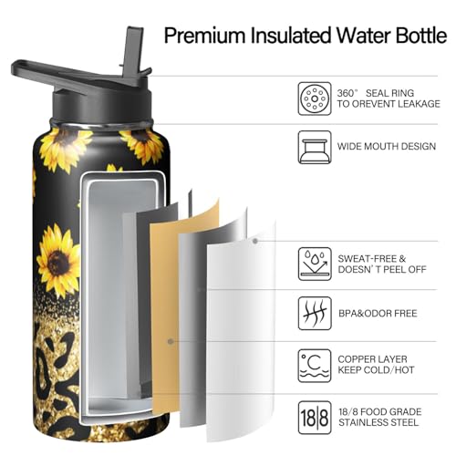 32oz Leopard Sunflower Water Bottle with Handle and Flip Straw