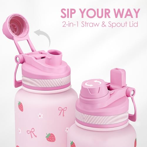 Strawberry Stainless Steel Water Bottle with Strap 32oz