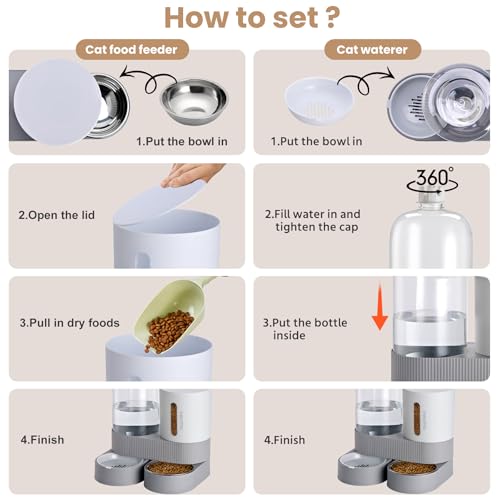 2 Pack Automatic Cat Feeder Stainless Steel Water Dispenser Gravity Food Feeder and Waterer Set with Pet Food Bowl for Small Medium Kitten Puppy Pets Large Capacity