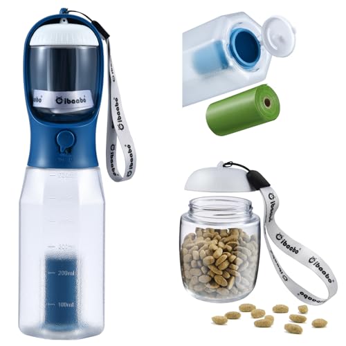 Dog Water Bottle with Food Container & Poop Bag Holder & Filter