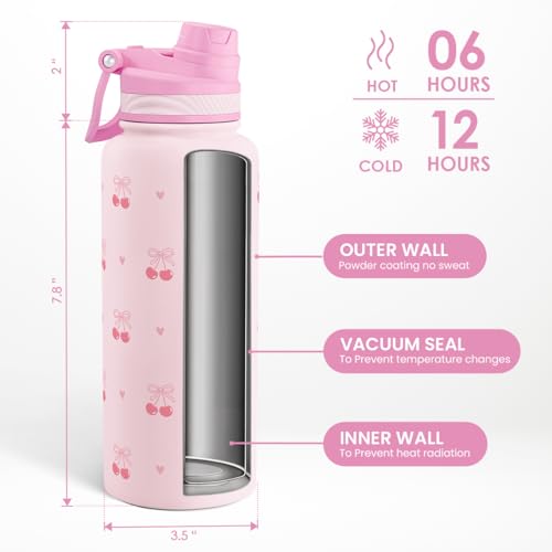 Cherry Stainless Steel Water Bottle with Strap 32oz