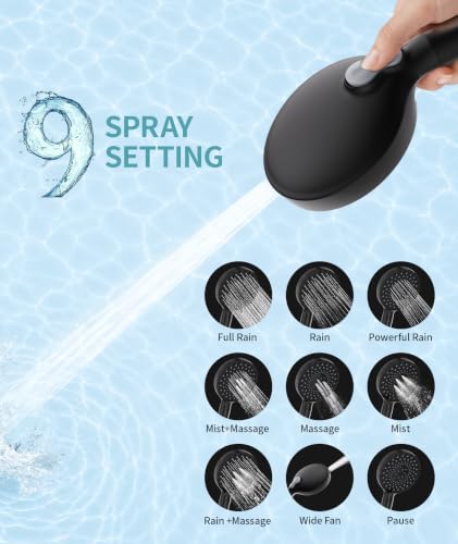 Filtered Shower Head with Handheld High Pressure 9 Spray Mode Showerhead Detachable Shower Head Water Softener Filters Beads for Hard Water Remove Chlorine 4 Filters Matte Black