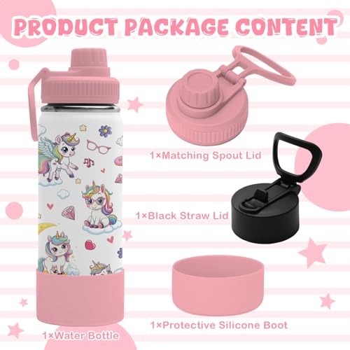 18oz Unicorn Girls Water Bottle with 2 Lids