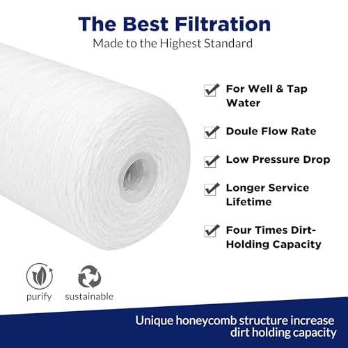 1 Micron 10"x4.5" String Wound Whole House Water Filter Replacement Cartridge Universal Sediment Filters for Well Water (4 Count)