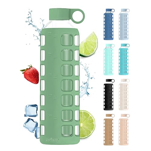 40oz / 32oz / 22oz / 12oz Borosilicate Glass Water Bottle with Time & Volume Markers, Silicone Sleeve, Stainless Steel Lid | Reusable Glass Bottle for Water & Juice (32oz Shale Green)