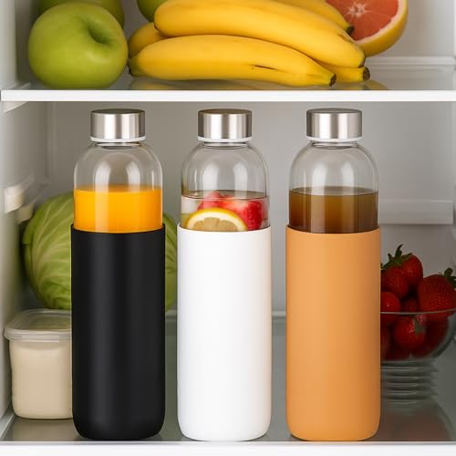 32 oz Glass Water Bottles with Lids and Silicone Sleeve 3 Pack
