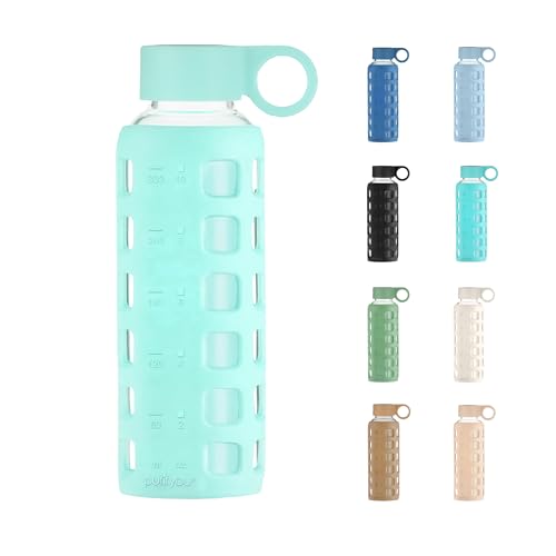 40oz / 32oz / 22oz / 12oz Borosilicate Glass Water Bottle with Time & Volume Markers, Silicone Sleeve, Stainless Steel Lid | Reusable Glass Bottle for Water & Juice (12oz Glow-in-the-Dark)