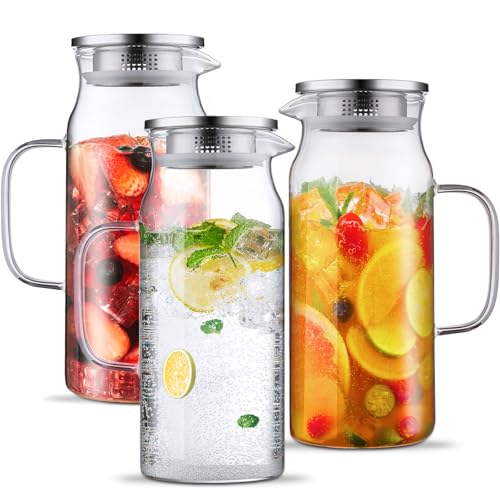 3 Pack 2 Liter 68 oz 2.1 Qt Glass Pitcher with Lid and Handle (3 Count)