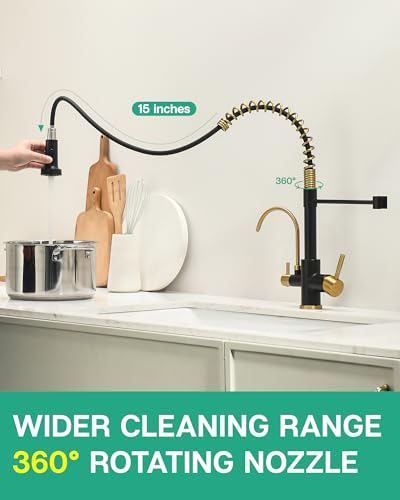 3 in 1 Kitchen Faucet with Pull Down Sprayer Black and Gold
