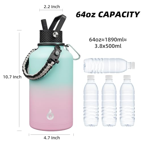 64oz Insulated Water Bottle with Straw Lid Large Stainless Steel Jug