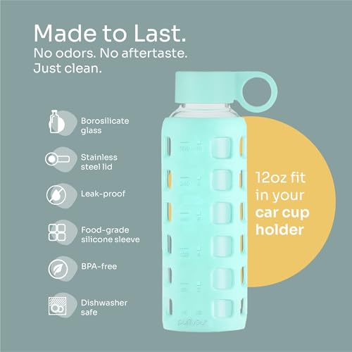 40oz / 32oz / 22oz / 12oz Borosilicate Glass Water Bottle with Time & Volume Markers, Silicone Sleeve, Stainless Steel Lid | Reusable Glass Bottle for Water & Juice (12oz Glow-in-the-Dark)