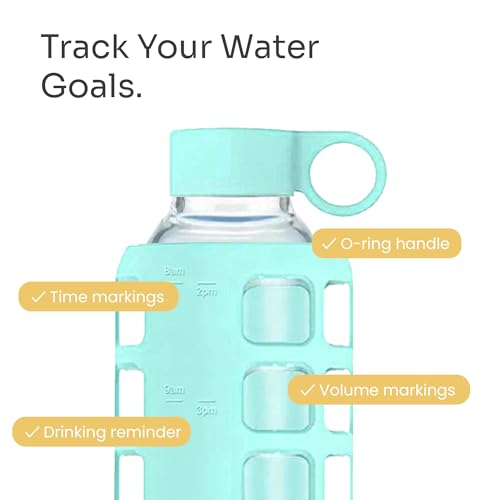 40oz / 32oz / 22oz / 12oz Borosilicate Glass Water Bottle with Time & Volume Markers, Silicone Sleeve, Stainless Steel Lid | Reusable Glass Bottle for Water & Juice (32oz Glow-in-the-Dark)