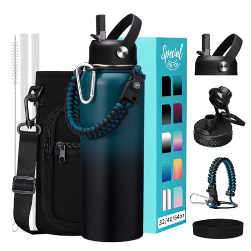 32/40/64OZ Insulated Water Bottle - Keep Cold 48H Hot 24H, Combo Straw/Spout Lids, Paracord Handle for Gym/Hiking, Carrier Bag +Strap, Cup Mat, BPA-Free Stainless Steel Flask Jug (40 Count)