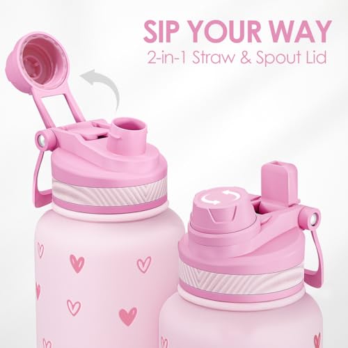 Pink Heart Stainless Steel Water Bottle with Strap 32oz