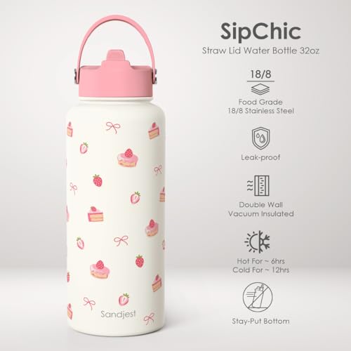 Strawberry Cakes Water Bottle Stainless Steel 32oz with Lid & Straw