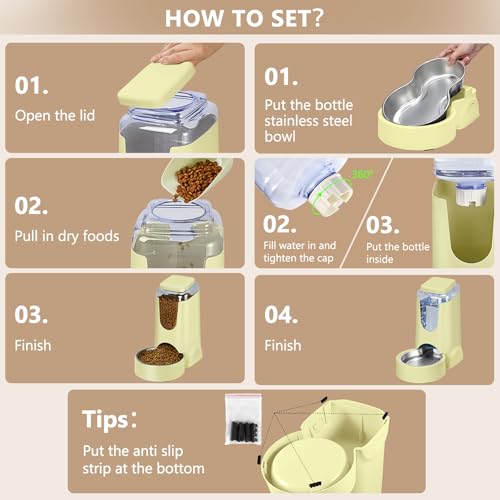 Portable Automatic Cat Feeder and Water Dispenser with Stainless Steel Bowl Dog Gravity Food Feeder and Waterer for Small Medium Pets Puppy Kitten 1 Gallon x 2