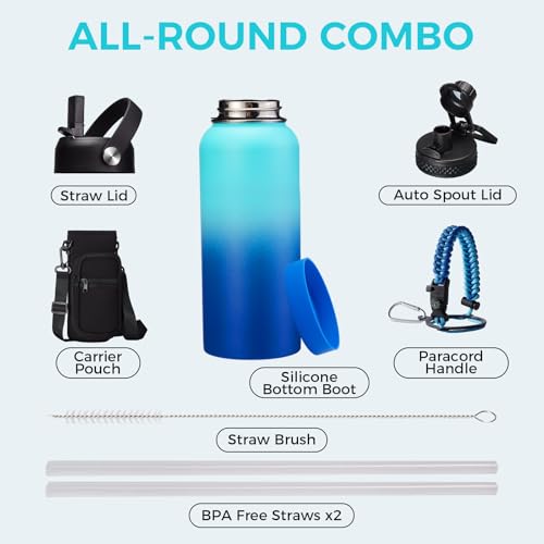 32oz/40oz/64oz Insulated Water Bottles - Vacuum Triple Walled Cold-48H Hot-24H, Water Bottle w/Straw & Chug Lid, Paracord Handle, Bottle Carrier, Stainless Steel Water Flask Mug for Sport Gym Yoga (32 Count)