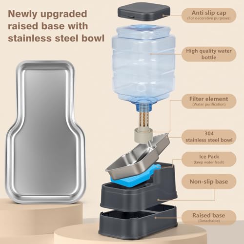 1.6 Gallon Pet Automatic Dog Water Dispenser Cat Gravity Waterer Feeder with Stainless Steel Bowl 8L Large Capacity Puppy Feeding Raised Bowls with Filter