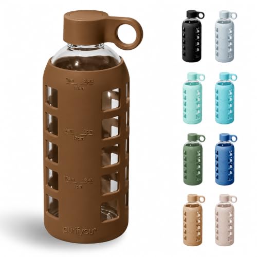 40oz / 32oz / 22oz / 12oz Borosilicate Glass Water Bottle with Time & Volume Markers, Silicone Sleeve, Stainless Steel Lid | Reusable Glass Bottle for Water & Juice (22oz Earth Brown)