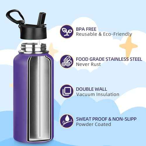 32oz Metal Sports Insulated Water Bottle with Straw Lid